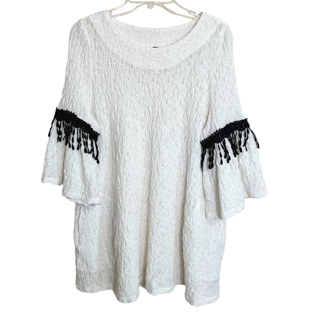 IC by Connie K Lagenlook Art To Wear Tunic Womens L White Texture Crochet Fringe
